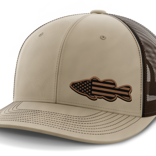Bass Flag, Leather Patch Hat — Khaki | Dark Brown