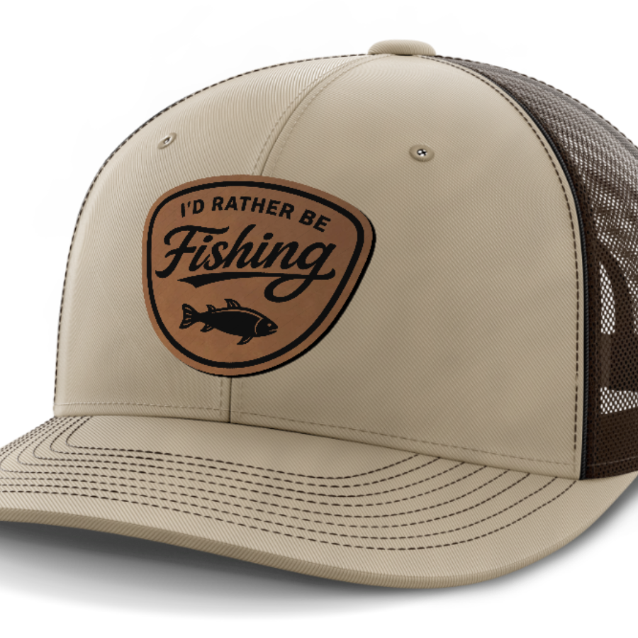 I'd Rather Be Fishing, Leather Patch Hat — Khaki | Dark Brown