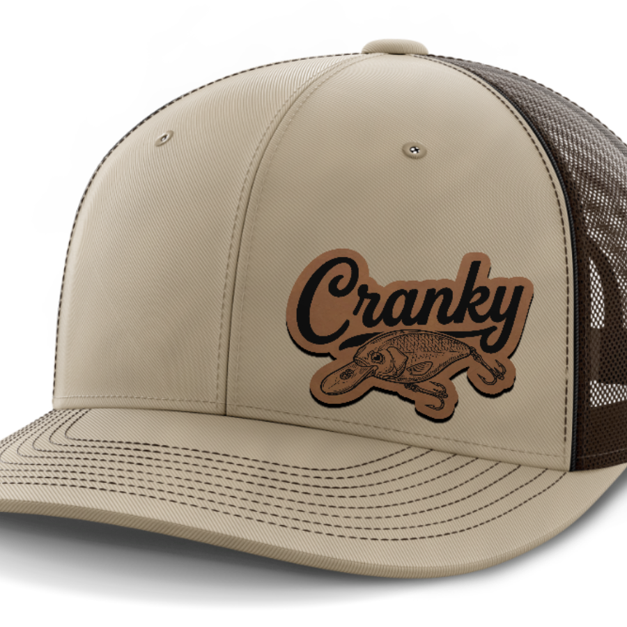 Cranky, Crankbait Decal (left), Leather Patch Hat — Khaki | Dark Brown