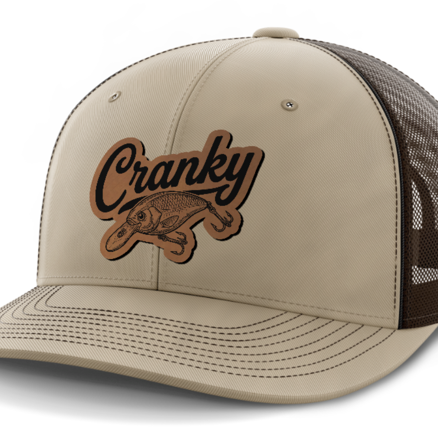 Cranky, Crankbait Decal, Leather Patch Hat — Khaki | Dark Brown