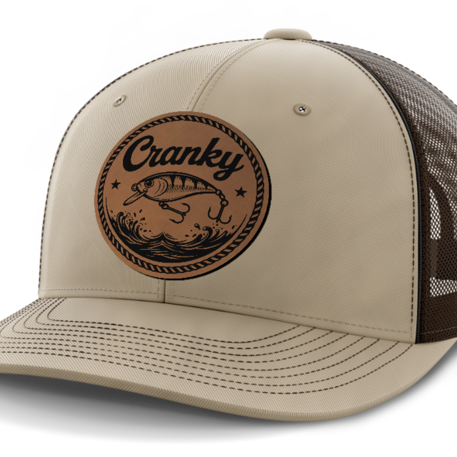 Cranky, Crankbait (round), Leather Patch Hat — Khaki | Dark Brown