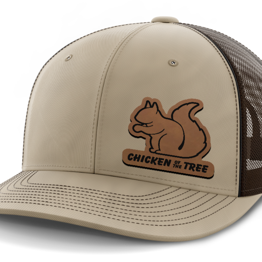 Chicken of the Tree, Squirrel Hunting, Leather Patch Hat — Khaki | Dark Brown