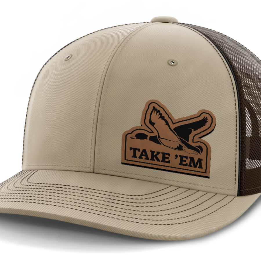 Take Em, Duck Hunting, Leather Patch Hat — Khaki | Dark Brown