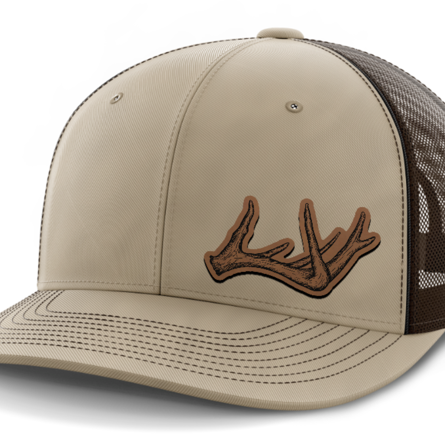 Antlers, Deer & Shed Hunting, Leather Patch Hat — Khaki | Dark Brown