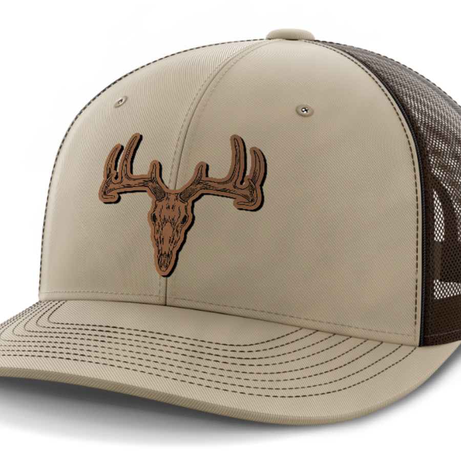 Deer Skull, Deer & Shed Hunting, Leather Patch Hat — Khaki | Dark Brown