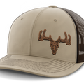 Deer Skull (left), Deer & Shed Hunting, Leather Patch Hat — Khaki | Dark Brown