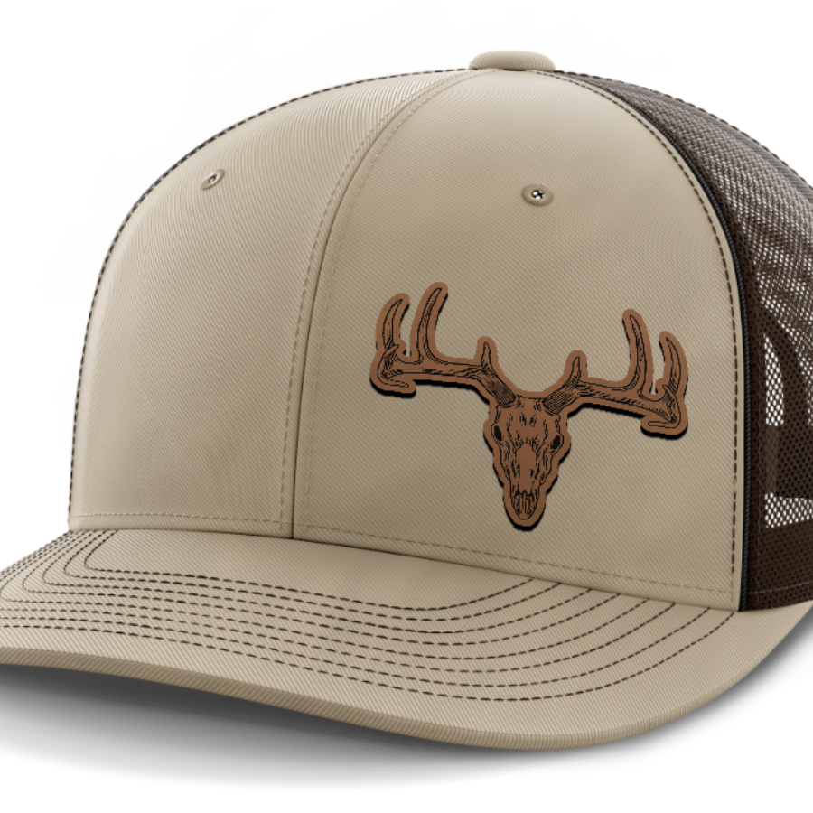Deer Skull (left), Deer & Shed Hunting, Leather Patch Hat — Khaki | Dark Brown
