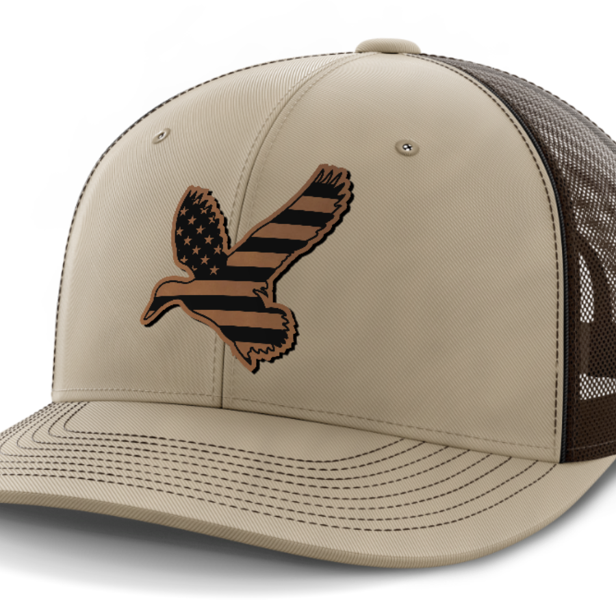 Duck Flag, Duck Hunting, Leather Patch Hat — Khaki | Dark Brown