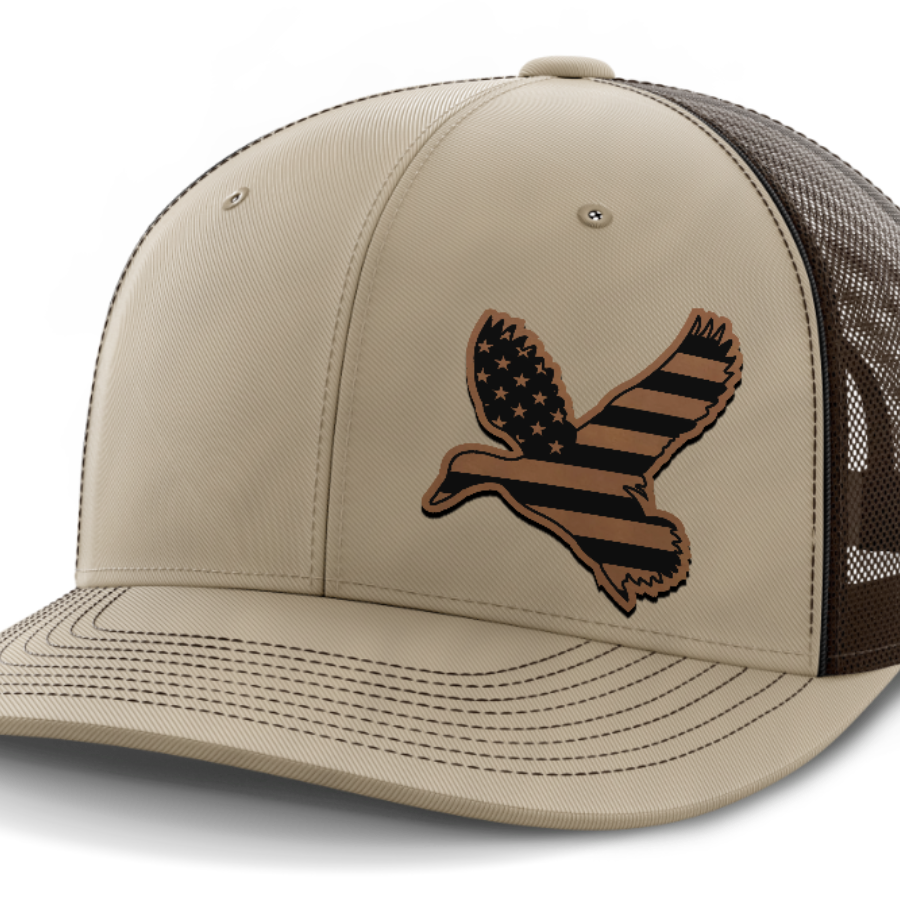 Duck Flag (left), Duck Hunting, Leather Patch Hat — Khaki | Dark Brown