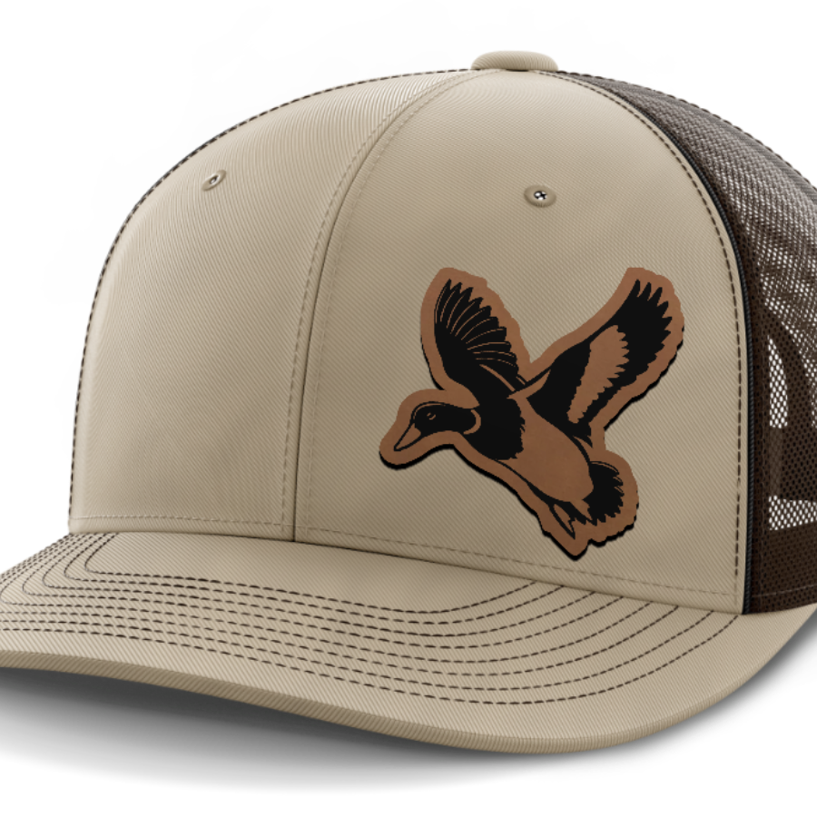 mallard@4x — 6 Panel Mid Profile Mesh Back Trucker Hat — Khaki | Dark Brown