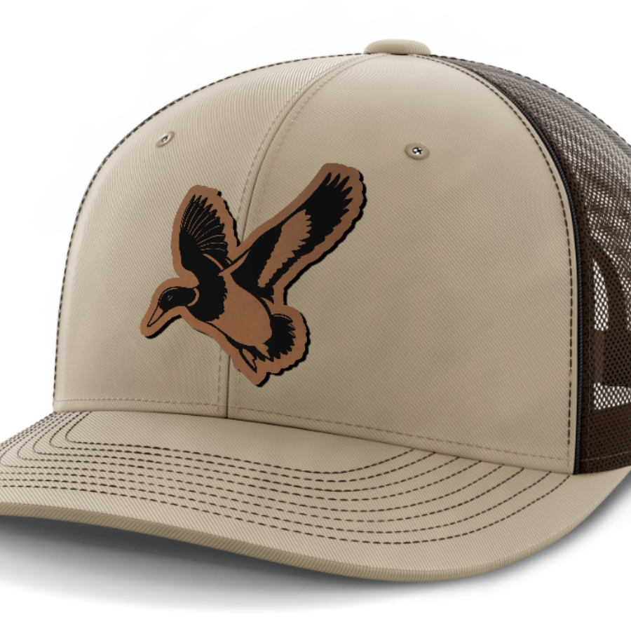 Mallard, Duck Hunting, Leather Patch Hat — Khaki | Dark Brown