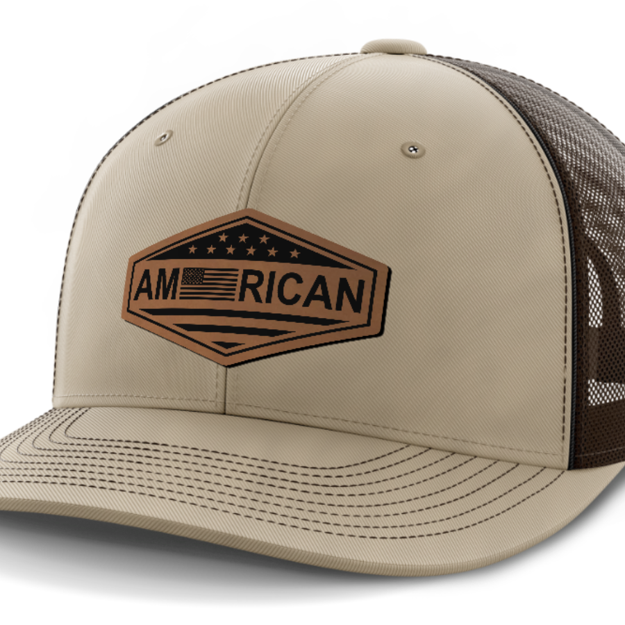 American Flag, Leather Patch Trucker Hat — Khaki | Dark Brown