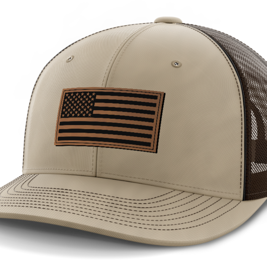 USA Flag, Leather Patch Hat — Khaki | Dark Brown