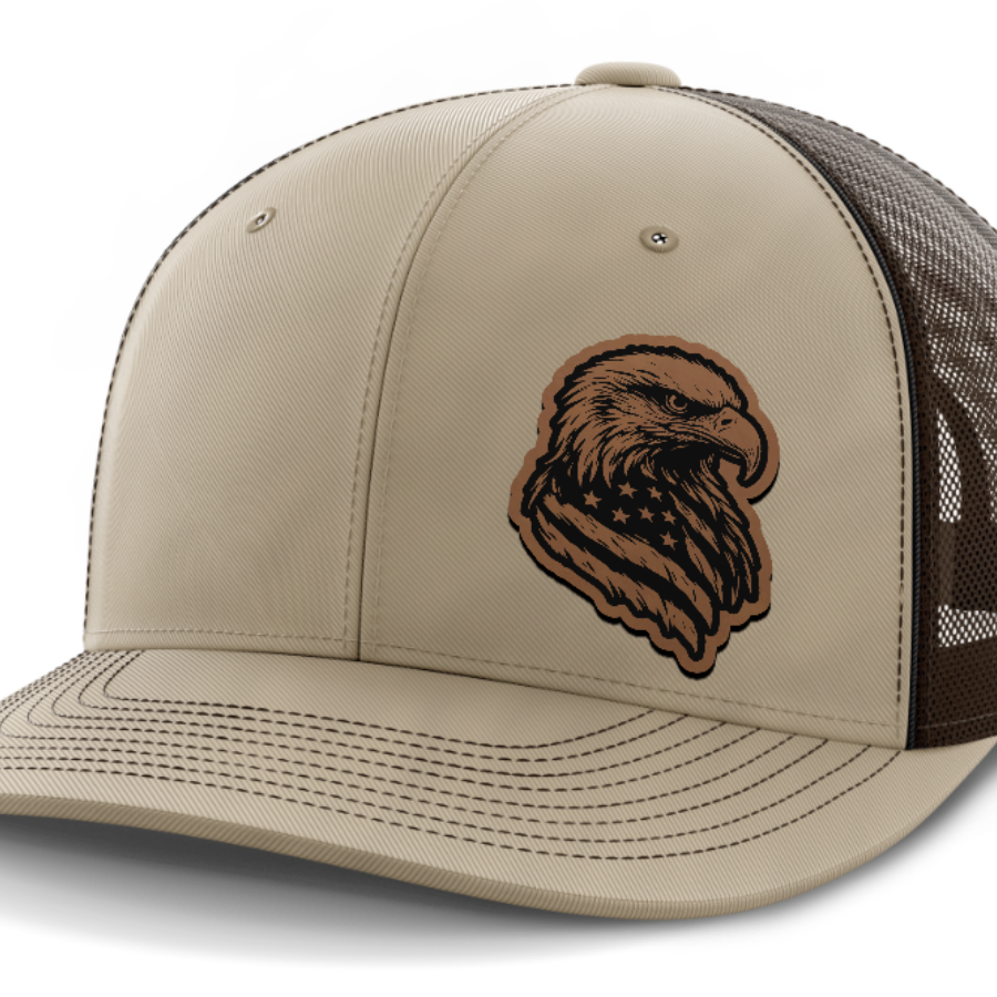 Eagle Flag (left), Leather Patch Hat — Khaki | Dark Brown