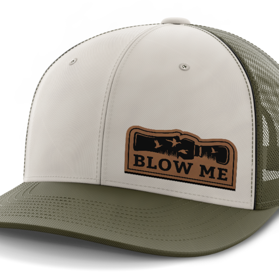 Blow Me, Duck Hunting, Leather Patch Hat — Light Khaki | Olive Green