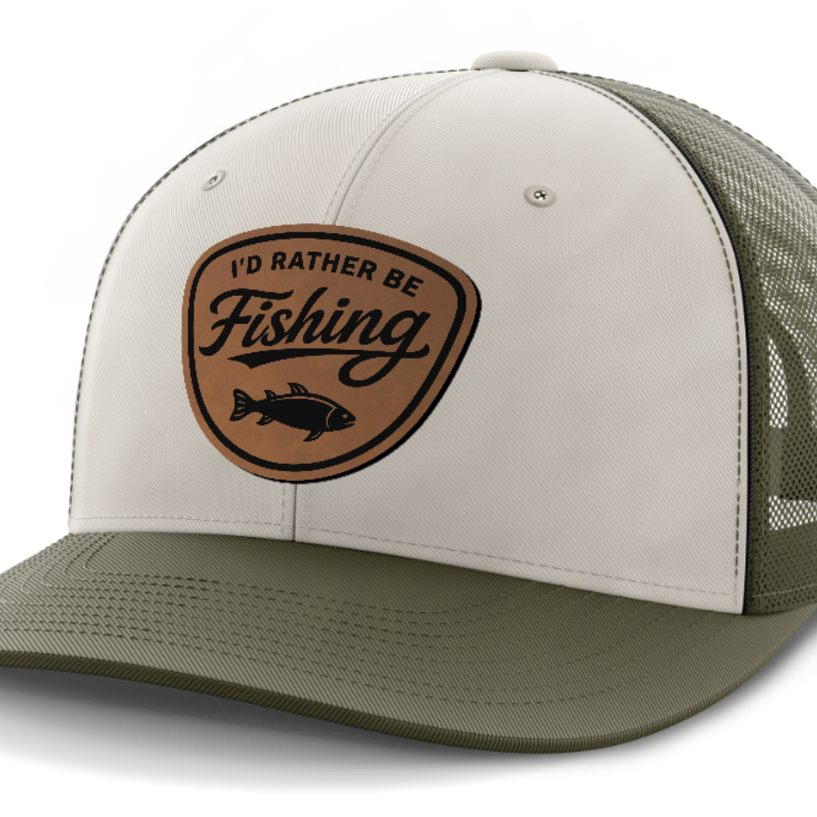 I'd Rather Be Fishing, Leather Patch Hat — Light Khaki | Olive Green