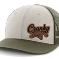 Cranky, Crankbait Decal (left), Leather Patch Hat — Light Khaki | Olive Green