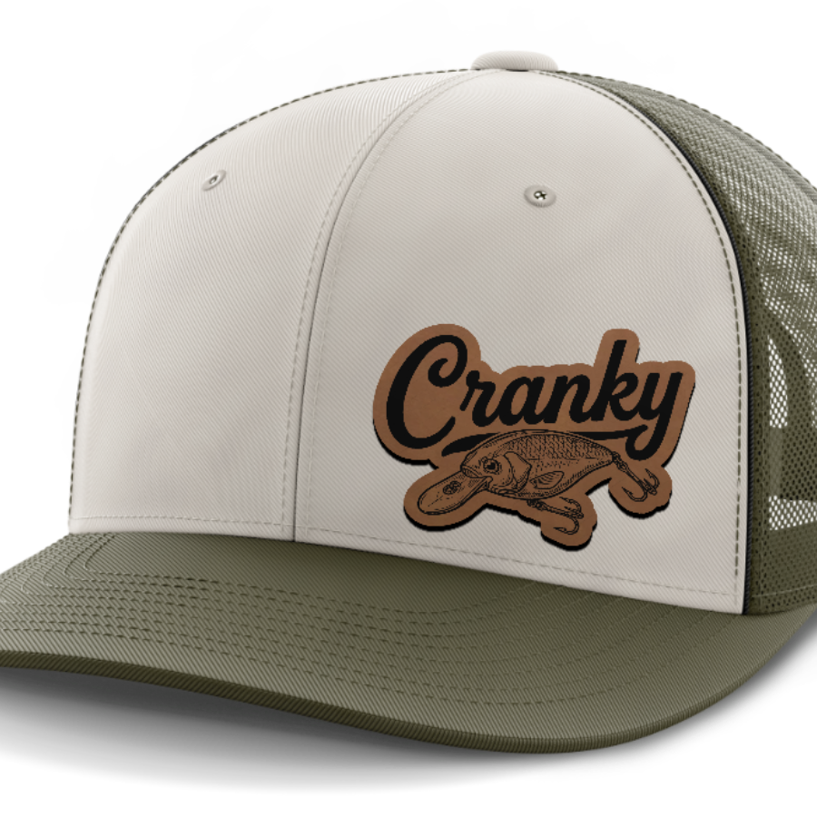 Cranky, Crankbait Decal (left), Leather Patch Hat — Light Khaki | Olive Green