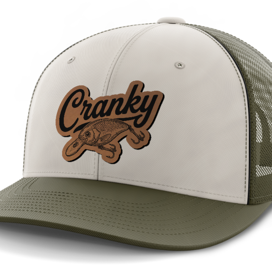 Cranky, Crankbait Decal, Leather Patch Hat — Light Khaki | Olive Green