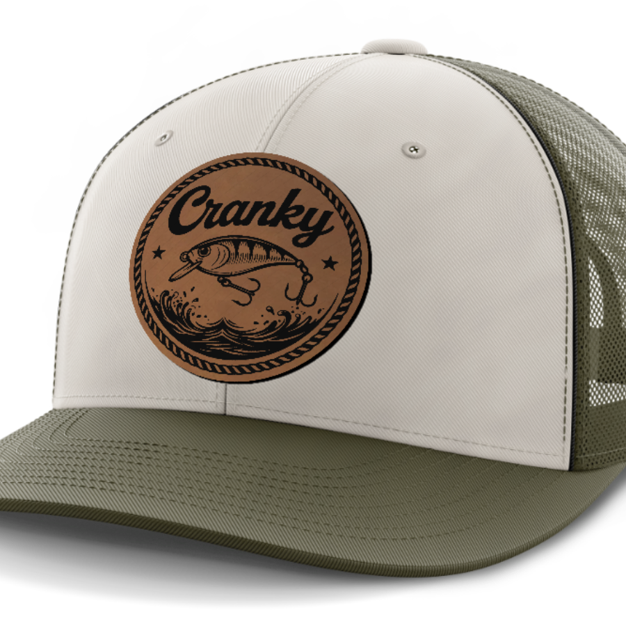 Cranky, Crankbait (round), Leather Patch Hat — Light Khaki | Olive Green