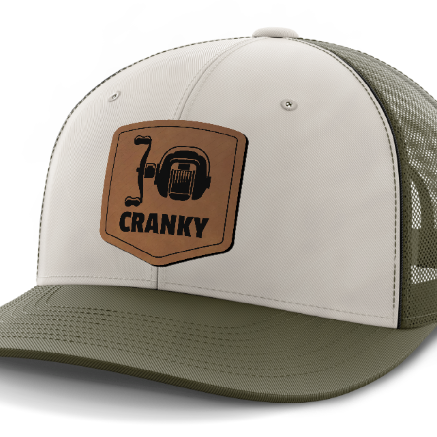 Cranky, Baitcaster, Leather Patch Hat — Light Khaki | Olive Green