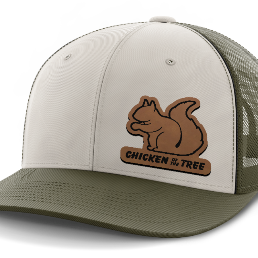 Chicken of the Tree, Squirrel Hunting, Leather Patch Hat — Light Khaki | Olive Green