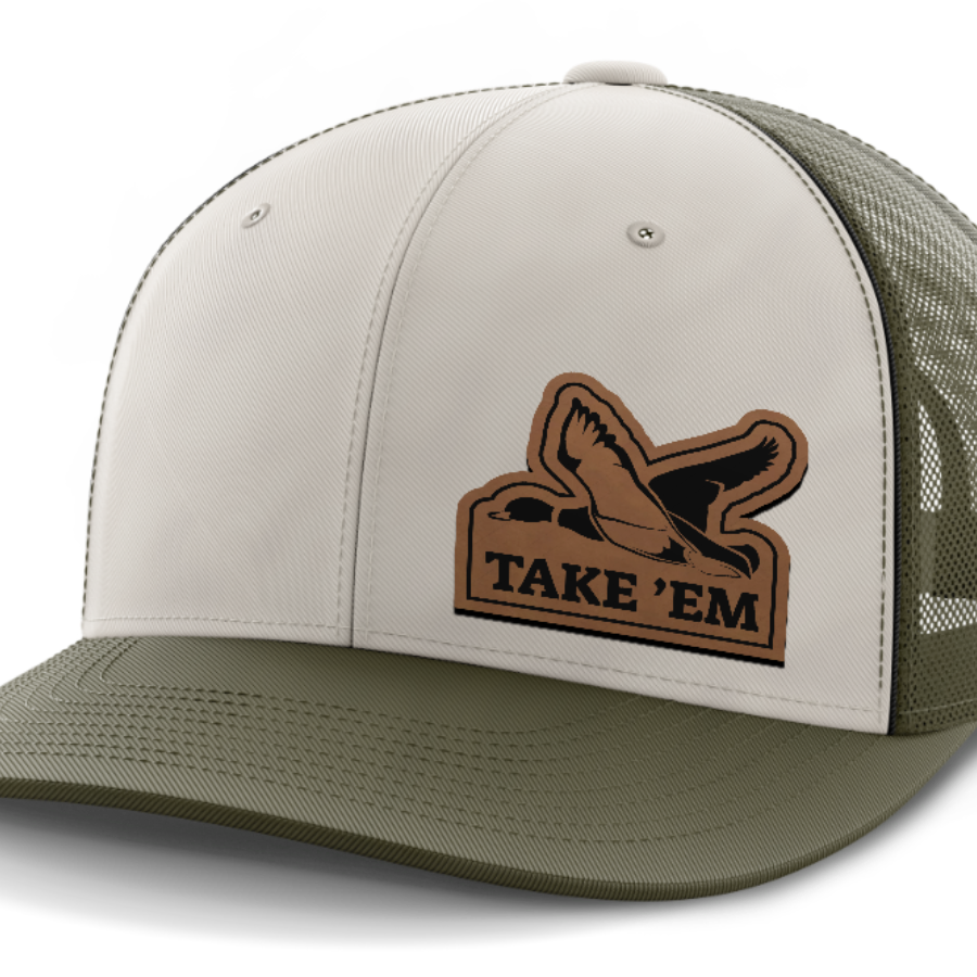 Take Em, Duck Hunting, Leather Patch Hat — Light Khaki | Olive Green