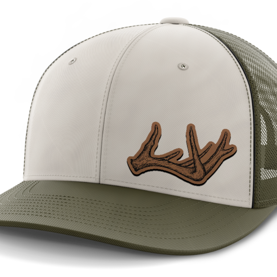 Antlers, Deer & Shed Hunting, Leather Patch Hat — Light Khaki | Olive Green