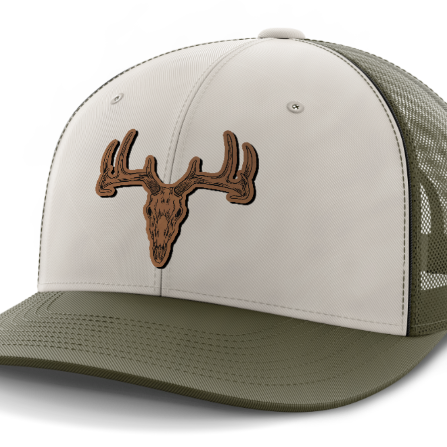 Deer Skull, Deer & Shed Hunting, Leather Patch Hat — Light Khaki | Olive Green