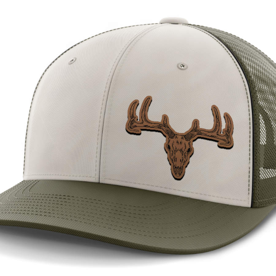 Deer Skull (left), Deer & Shed Hunting, Leather Patch Hat — Light Khaki | Olive Green