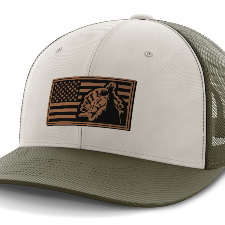 Flag with Turkey, Turkey Hunting, Leather Patch Hat — Light Khaki | Olive Green