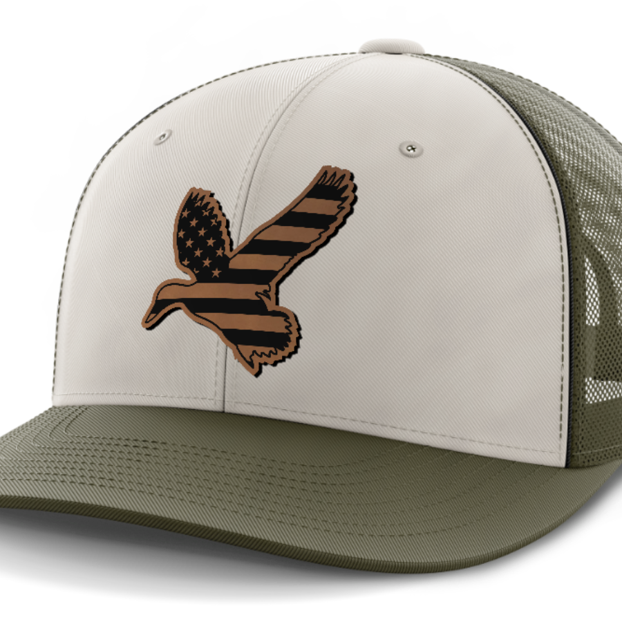 Duck Flag, Duck Hunting, Leather Patch Hat — Light Khaki | Olive Green