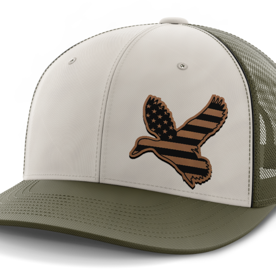 Duck Flag (left), Duck Hunting, Leather Patch Hat — Light Khaki | Olive Green