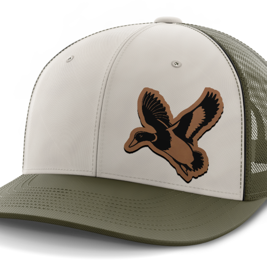 mallard@4x — 6 Panel Mid Profile Mesh Back Trucker Hat — Light Khaki | Olive Green