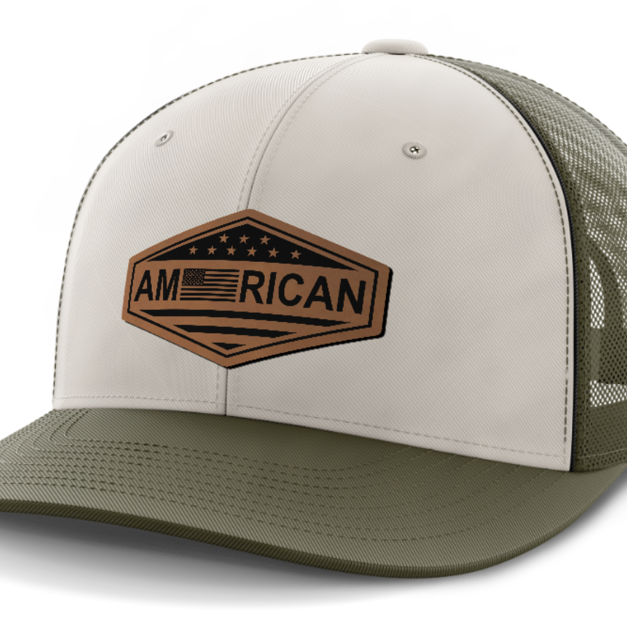 American Flag, Leather Patch Trucker Hat — Light Khaki | Olive Green
