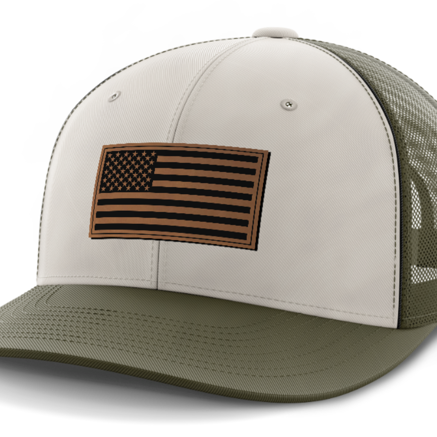 USA Flag, Leather Patch Hat — Light Khaki | Olive Green