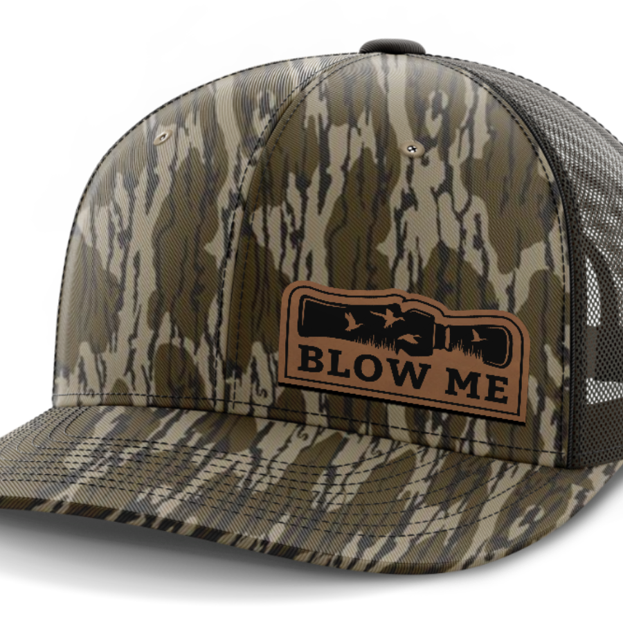 Blow Me, Duck Hunting, Leather Patch Hat — Mossy Oak Bottomland