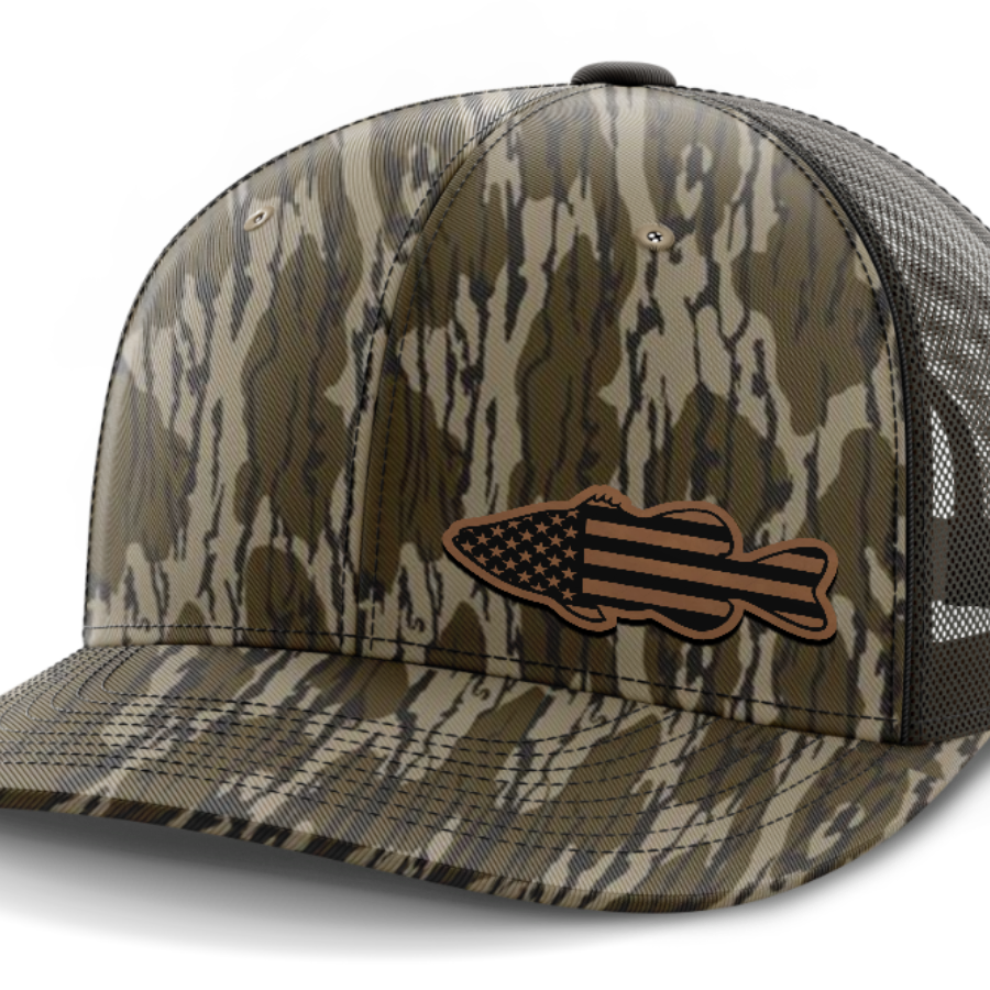 Bass Flag, Leather Patch Hat — Mossy Oak Bottomland