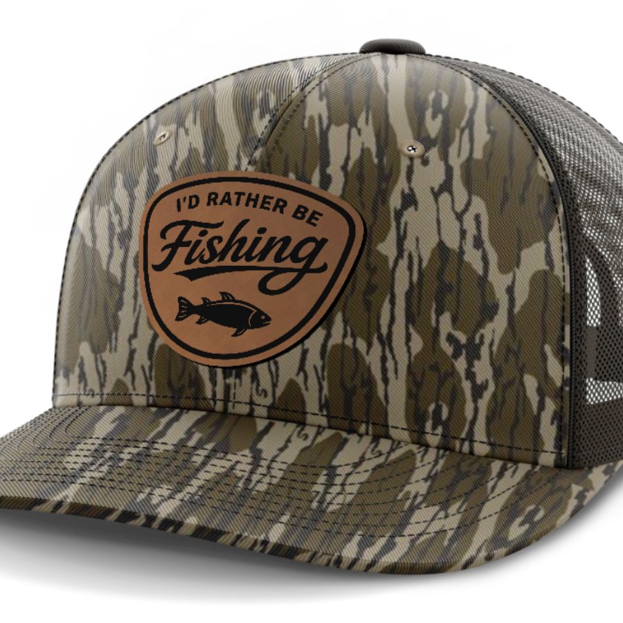 I'd Rather Be Fishing, Leather Patch Hat — Mossy Oak Bottomland