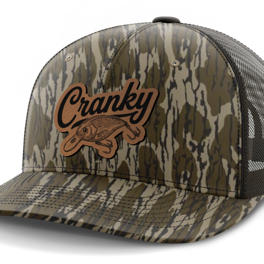Cranky, Crankbait Decal, Leather Patch Hat — Mossy Oak Bottomland