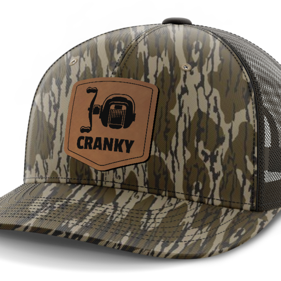 Cranky, Baitcaster, Leather Patch Hat — Mossy Oak Bottomland