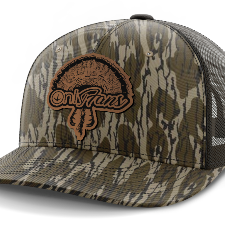Only Fans, Turkey Hunting, Leather Patch Hat — Mossy Oak Bottomland