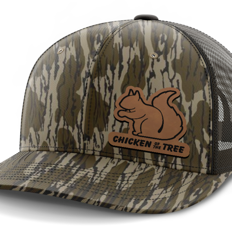 Chicken of the Tree, Squirrel Hunting, Leather Patch Hat — Mossy Oak Bottomland