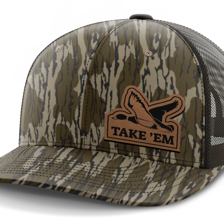 Take Em, Duck Hunting, Leather Patch Hat — Mossy Oak Bottomland