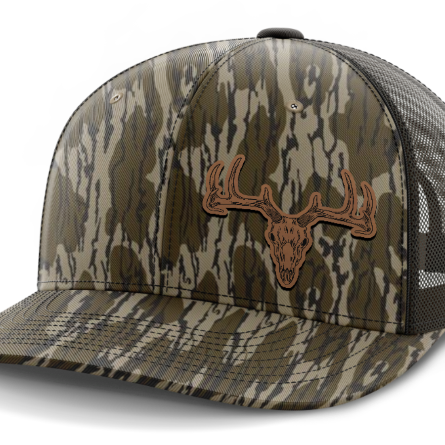 Deer Skull (left), Deer & Shed Hunting, Leather Patch Hat — Mossy Oak Bottomland
