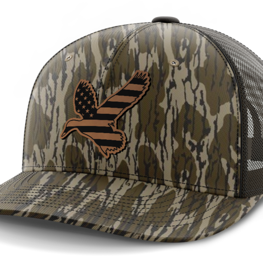 Duck Flag, Duck Hunting, Leather Patch Hat — Mossy Oak Bottomland