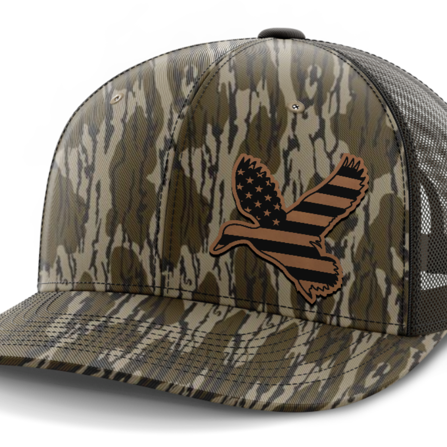Duck Flag (left), Duck Hunting, Leather Patch Hat — Mossy Oak Bottomland