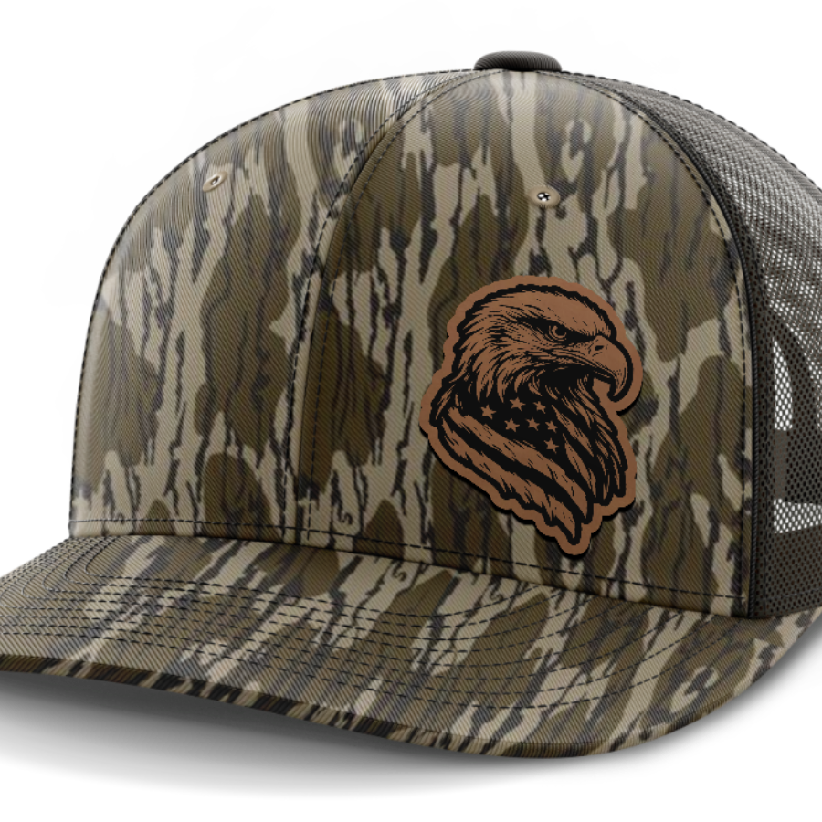 Eagle Flag (left), Leather Patch Hat — Mossy Oak Bottomland