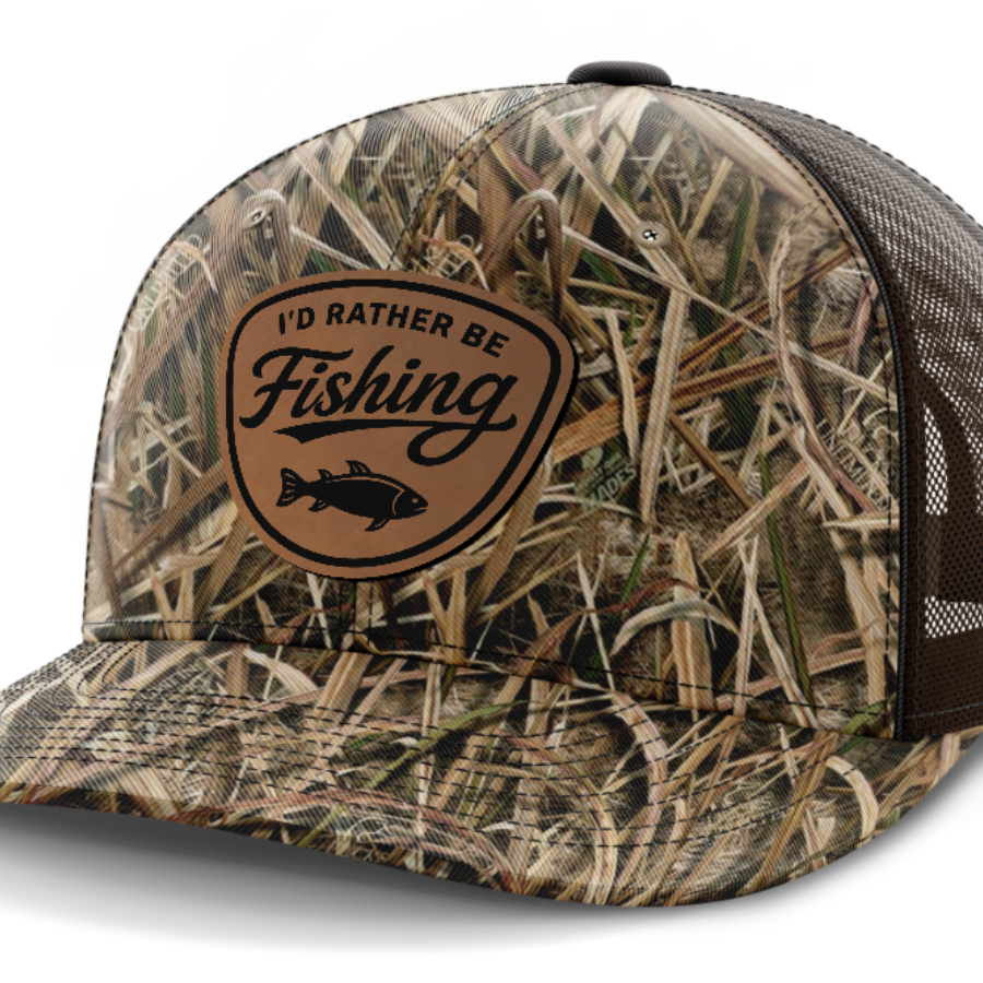 I'd Rather Be Fishing, Leather Patch Hat — Mossy Oak Shadow Grassblades