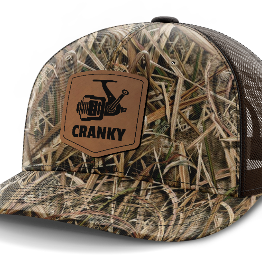 Cranky, Spinner, Leather Patch Hat — Mossy Oak Shadow Grassblades